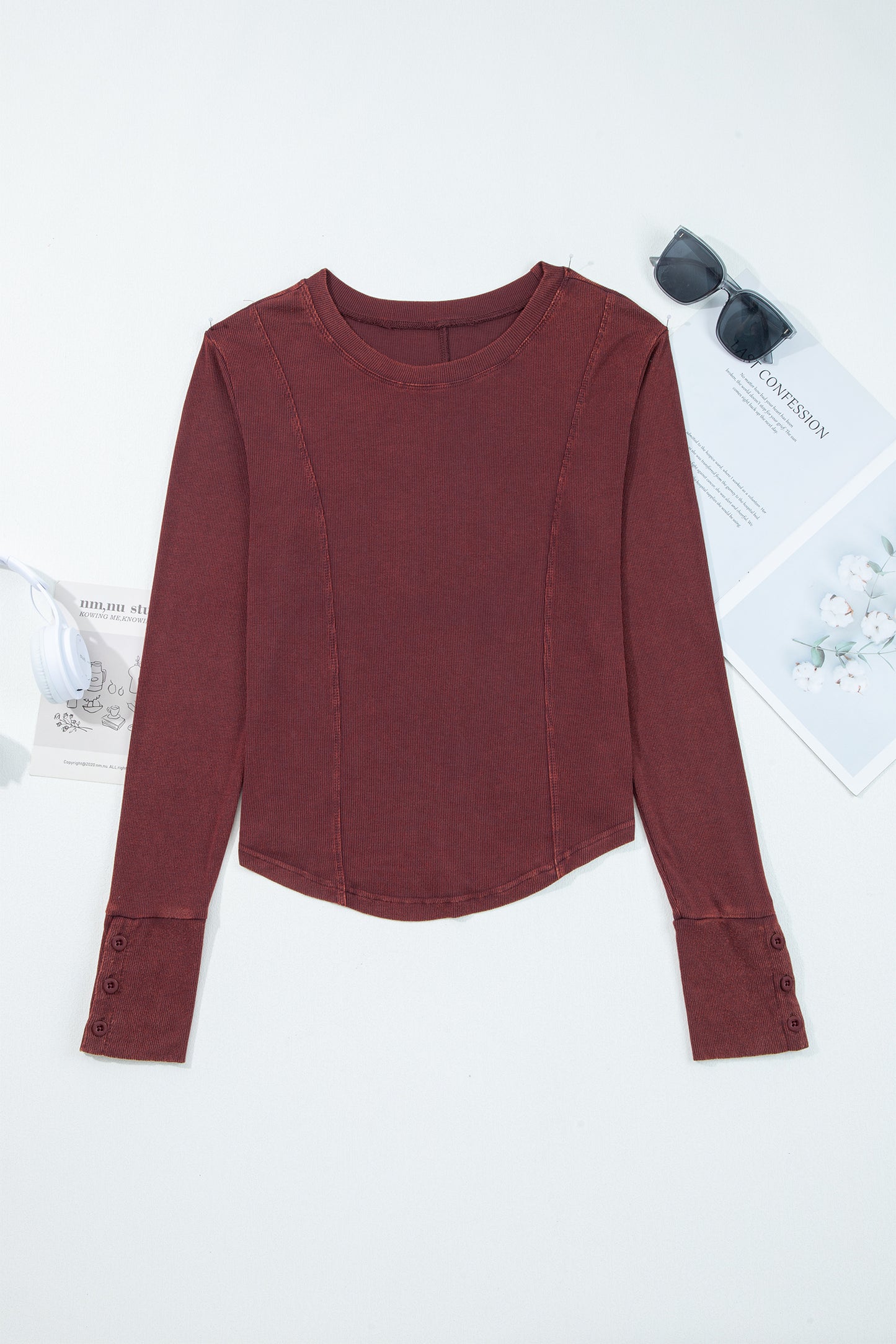 Coffee Exposed Seam Ribbed Long Sleeve Top