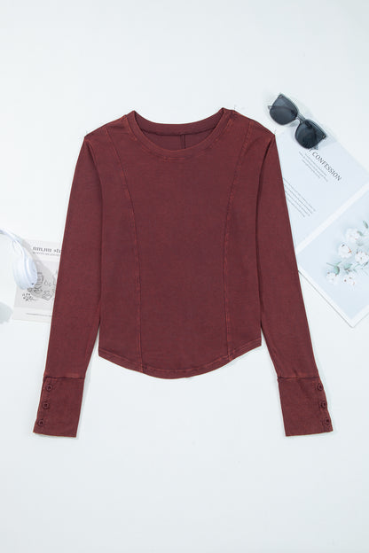 Coffee Exposed Seam Ribbed Long Sleeve Top