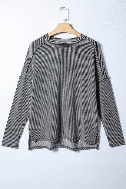 Dark Khaki Twist Ribbed Exposed Seam Detail Long Sleeve Loose Top