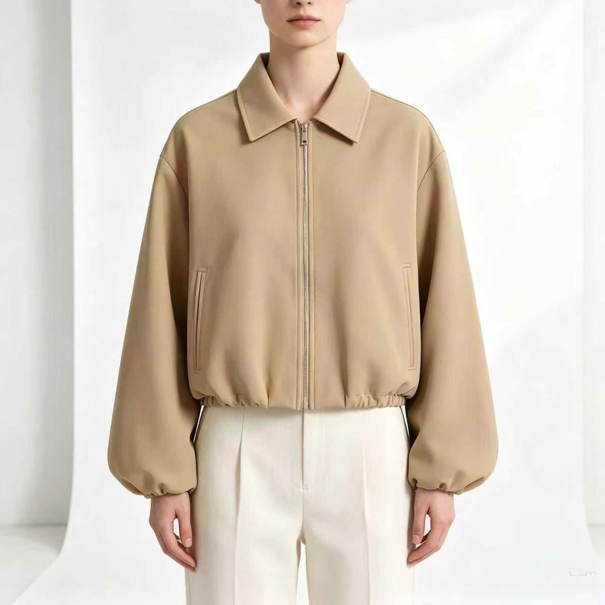Women's Cropped Zip Polo Collar Jacket Balloon Sleeve
