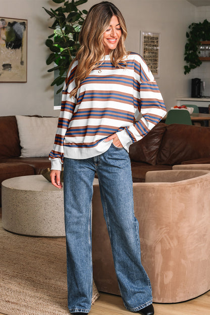 Striped Crew Neck Drop Shoulder Casual Pullover Sweatshirt