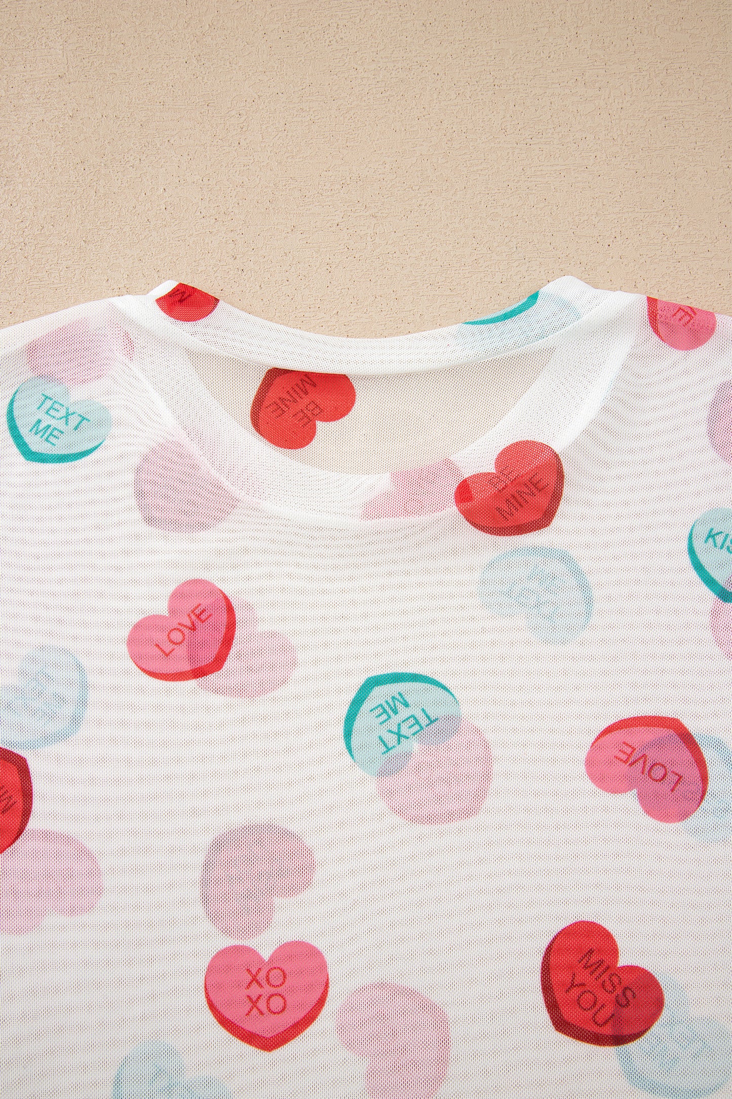 White Sheer Mesh Slogan Heart Printed Long Sleeve Top