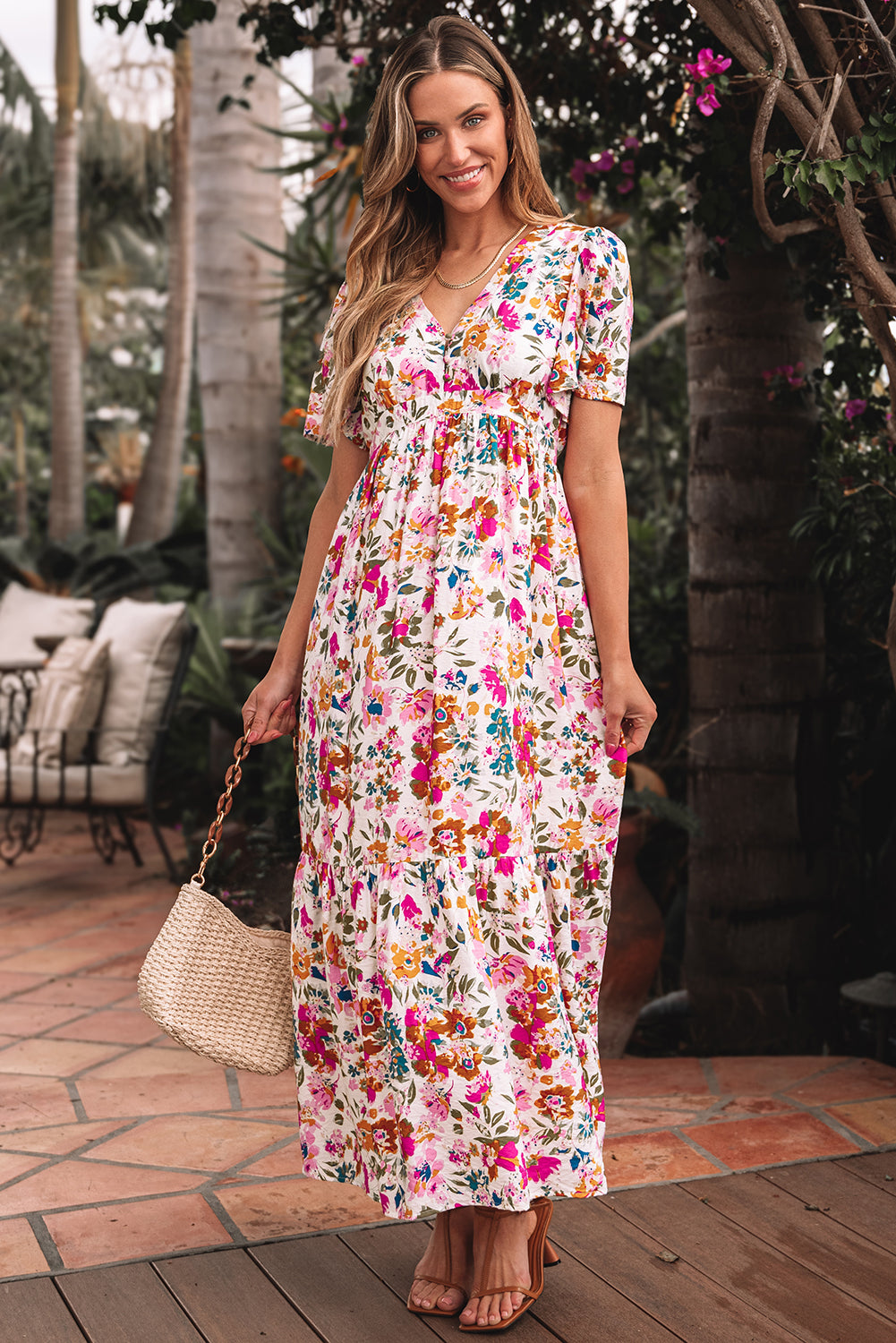 Easter Floral V Neck Short Sleeve Boho Maxi Dress