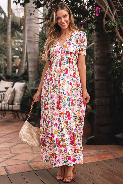 Easter Floral V Neck Short Sleeve Boho Maxi Dress