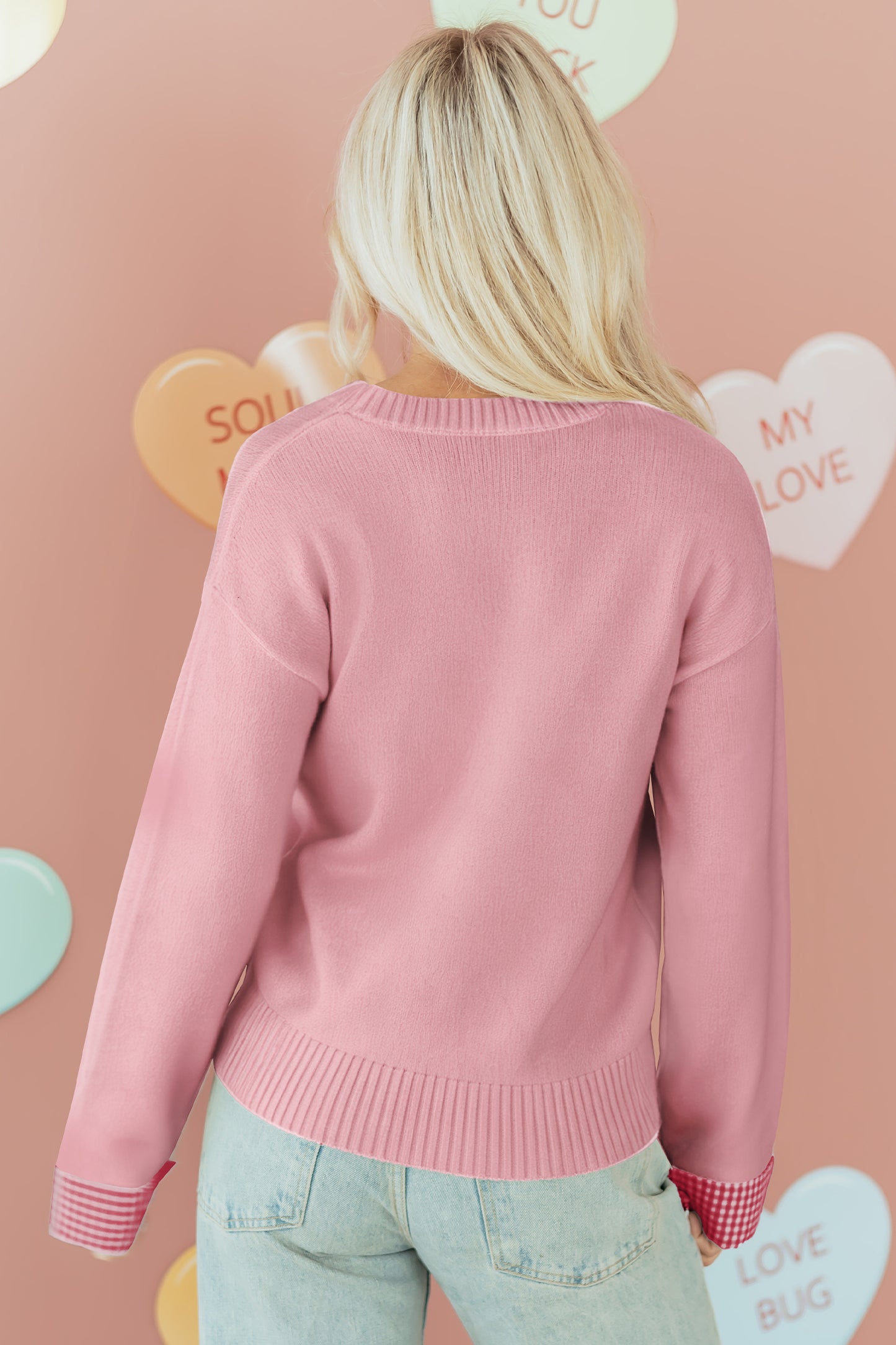 Valentine’s Day Light Pink Plaid Heart Crewneck Sweater