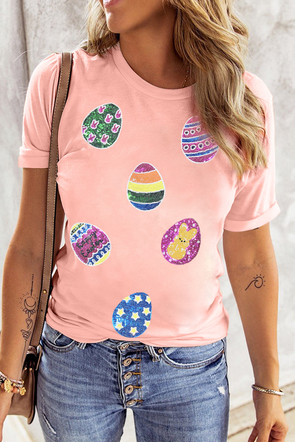 Pink Sequin Easter Egg Graphic Short Sleeve Casual Tee