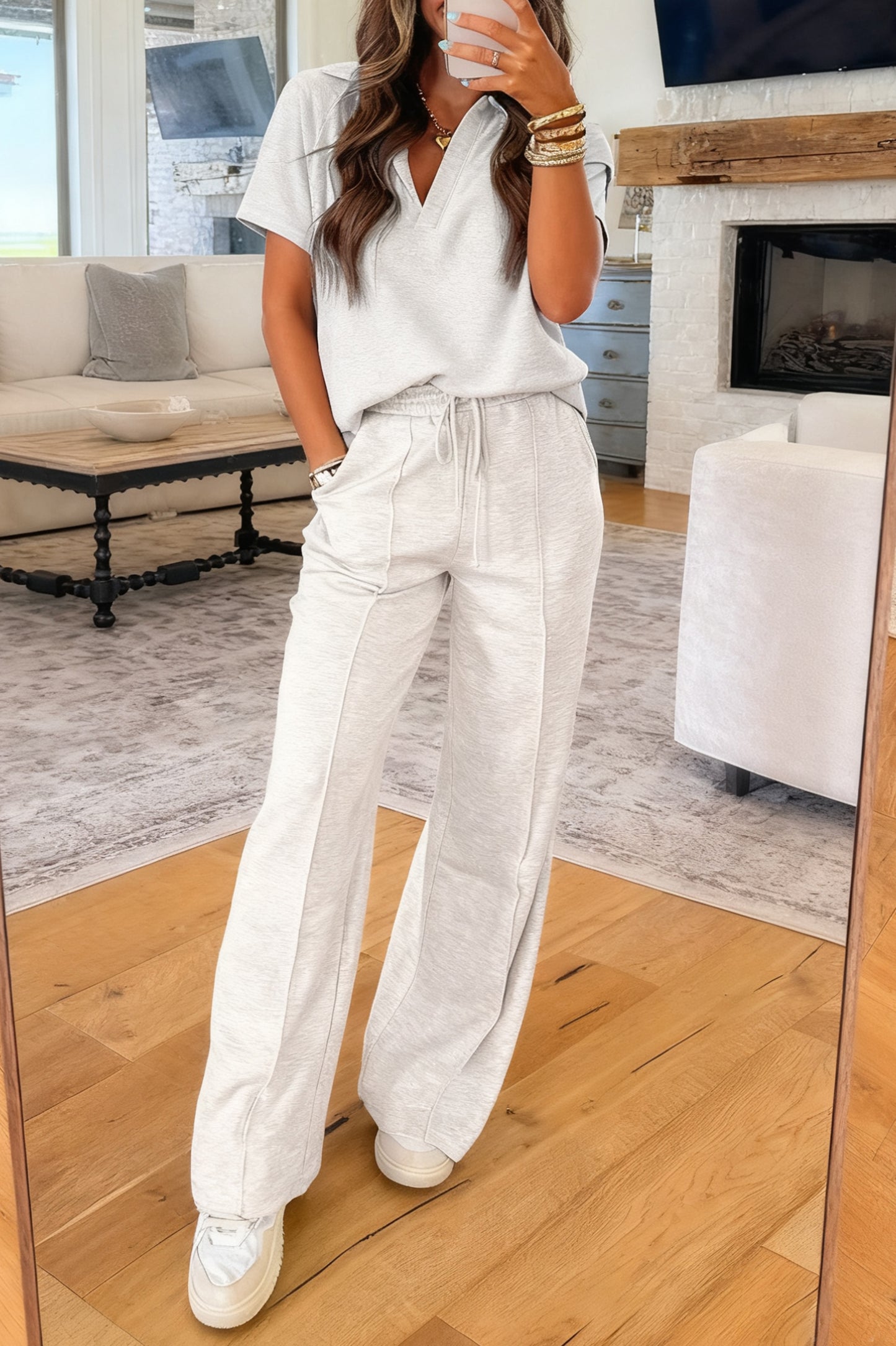 Light Grey Polo Tee & Drawstring Casual Pant Set – Sporty Chic