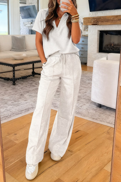 Light Grey Polo Tee & Drawstring Casual Pant Set – Sporty Chic