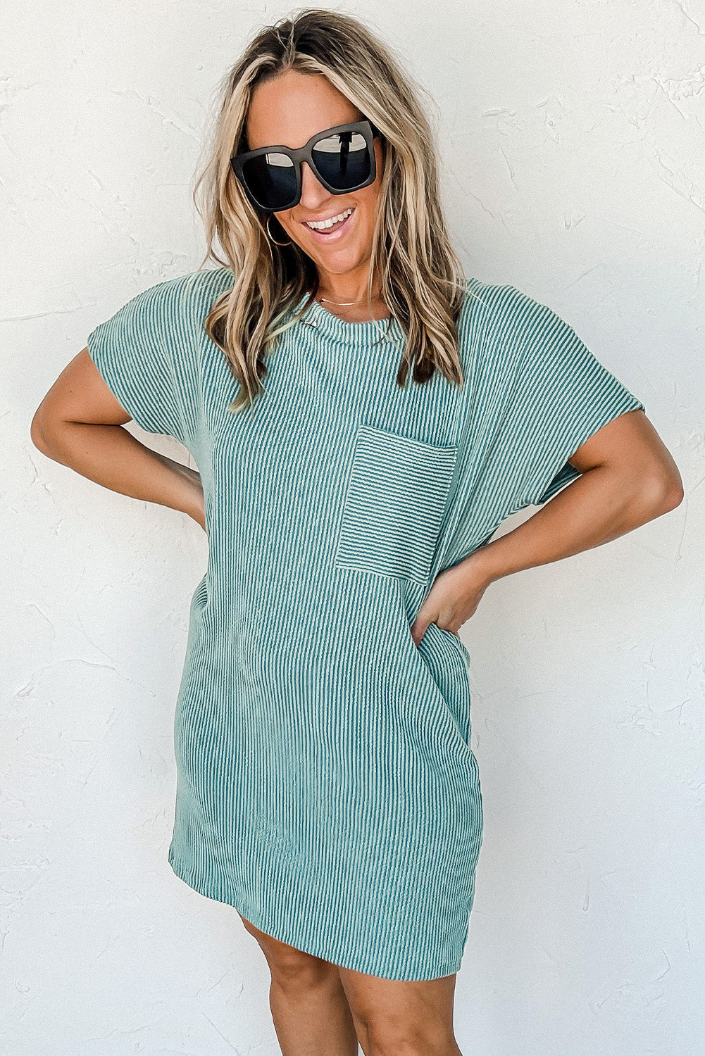 Striped Ribbed Knit Pocket T-Shirt Dress for Women
