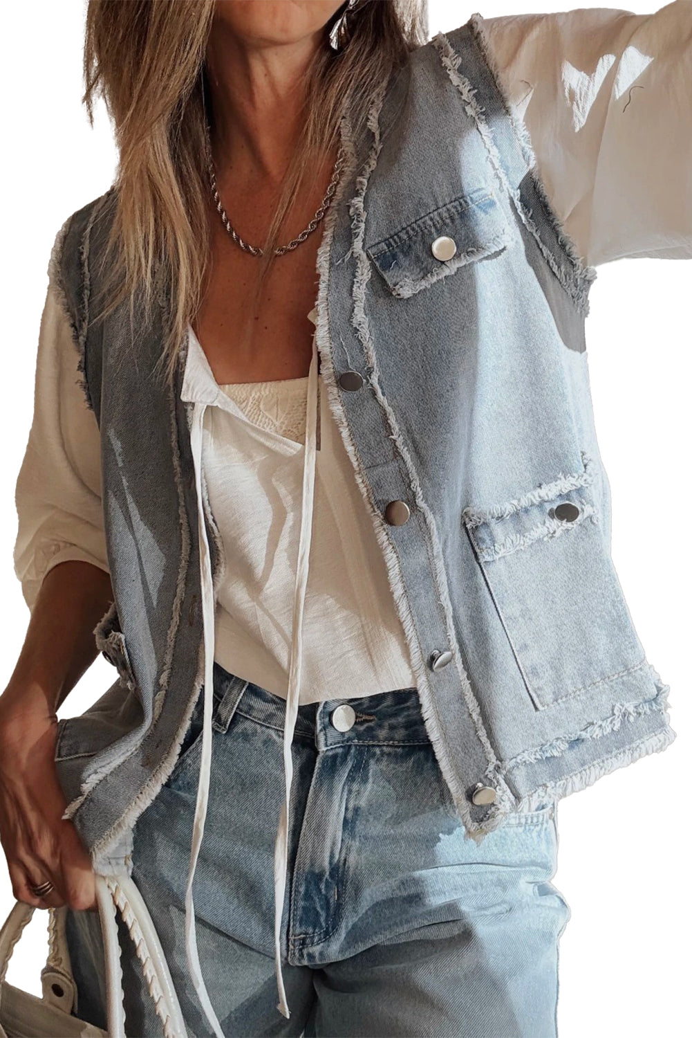 Light Wash Frayed Edge Flap Pocket Button Down Denim Vest