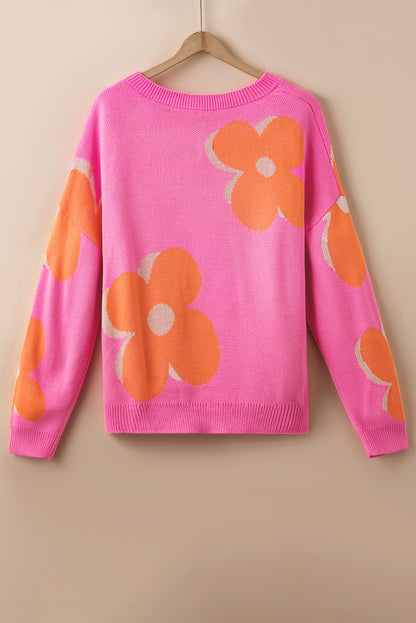 Bonbon Plus Size Flower Pattern Drop Shoulder Sweater