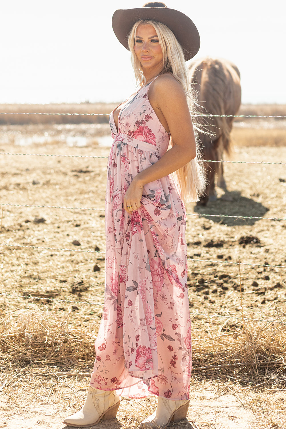 Floral V Neck Maxi Dress Backless Boho Vacation Dress