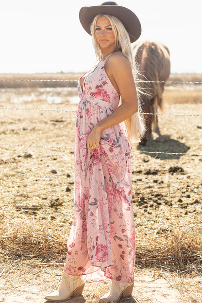 Floral V Neck Maxi Dress Backless Boho Vacation Dress