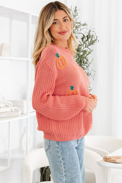 Pumpkin Embroidered Thanksgiving Knit Holiday Sweater