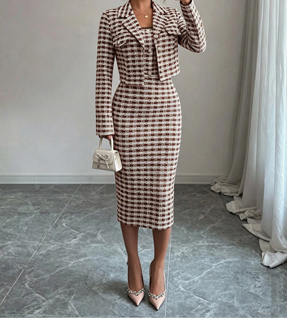 Women Elegant Tweed Blazer Dress 2 Piece Set