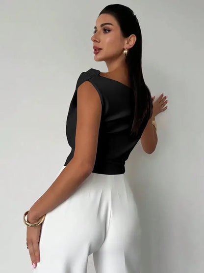 Solid Draped One Shoulder Asymmetric Ruched Slim Top