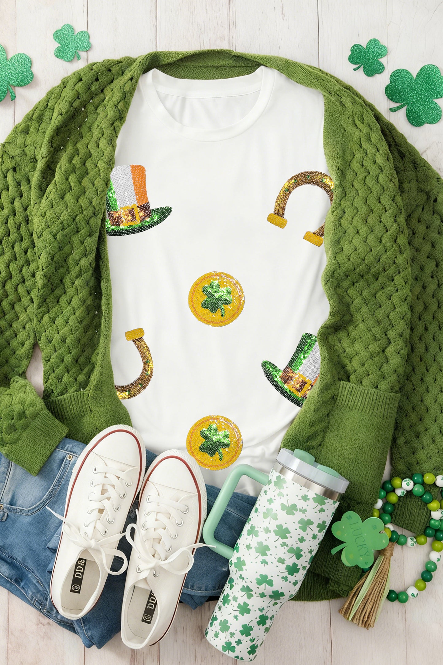 St. Patrick’s White Sequin Clover Coin Graphic Tee