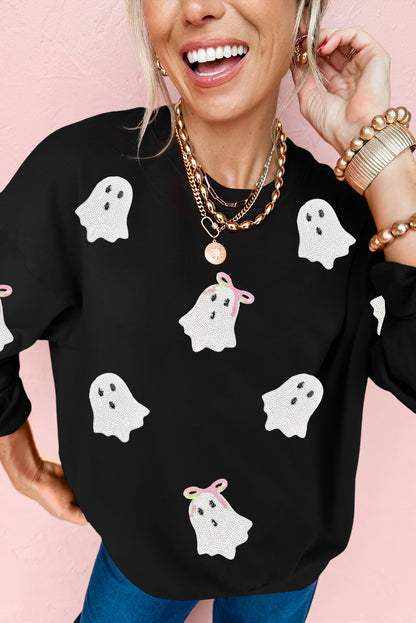 Black Sequin Ghost Bow Halloween Crew Neck Pullover Sweatshirt
