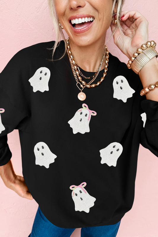 Black Sequin Ghost Bow Halloween Crew Neck Pullover Sweatshirt
