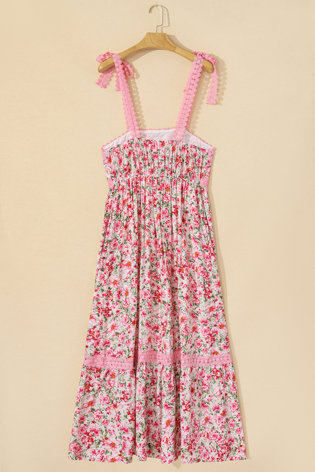 Pink Floral Lace Strap Empire Waist Maxi Dress