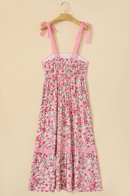 Pink Floral Lace Strap Empire Waist Maxi Dress