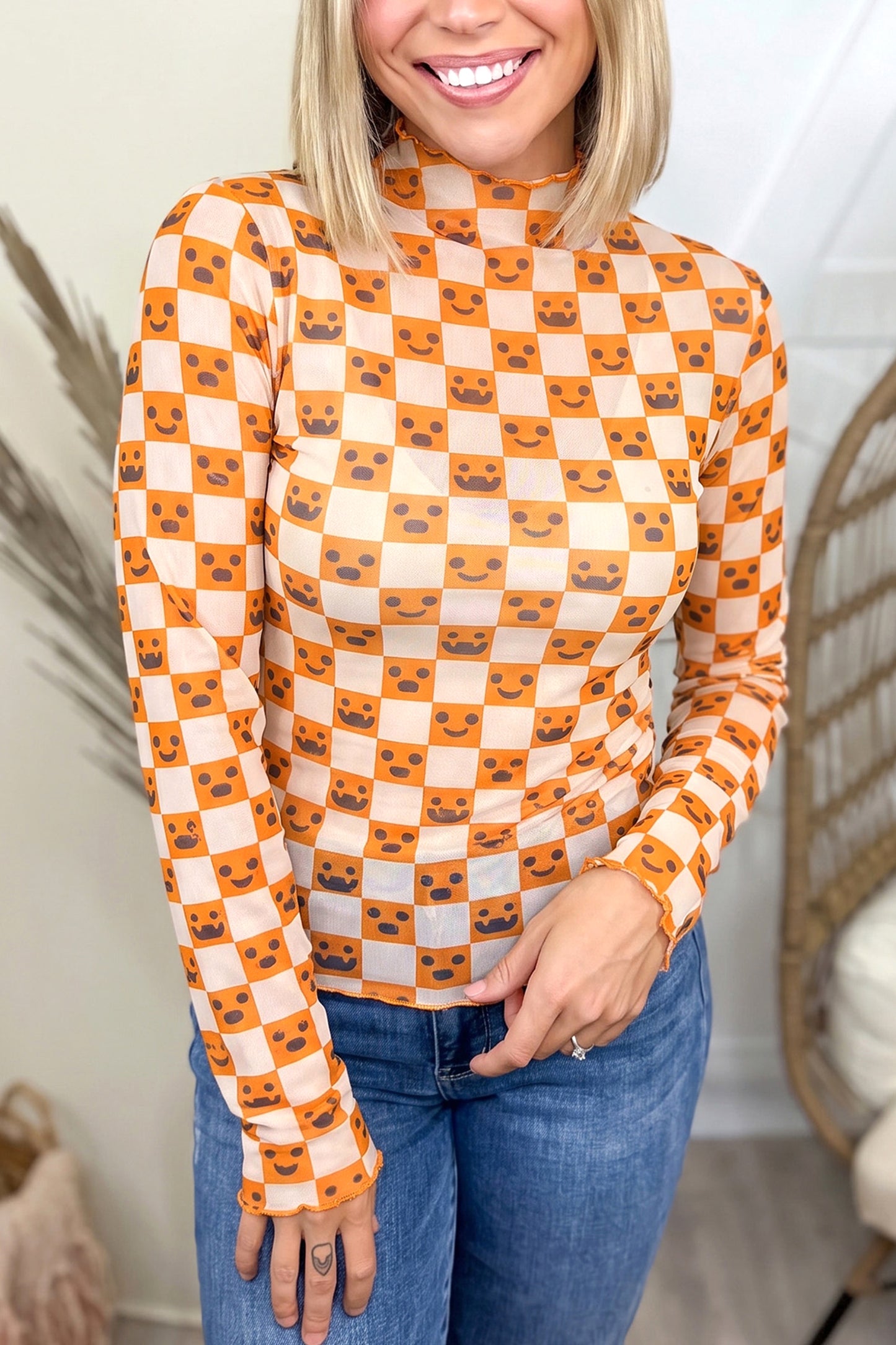 Halloween Checkerboard Mesh Top Mock Neck Long Sleeve