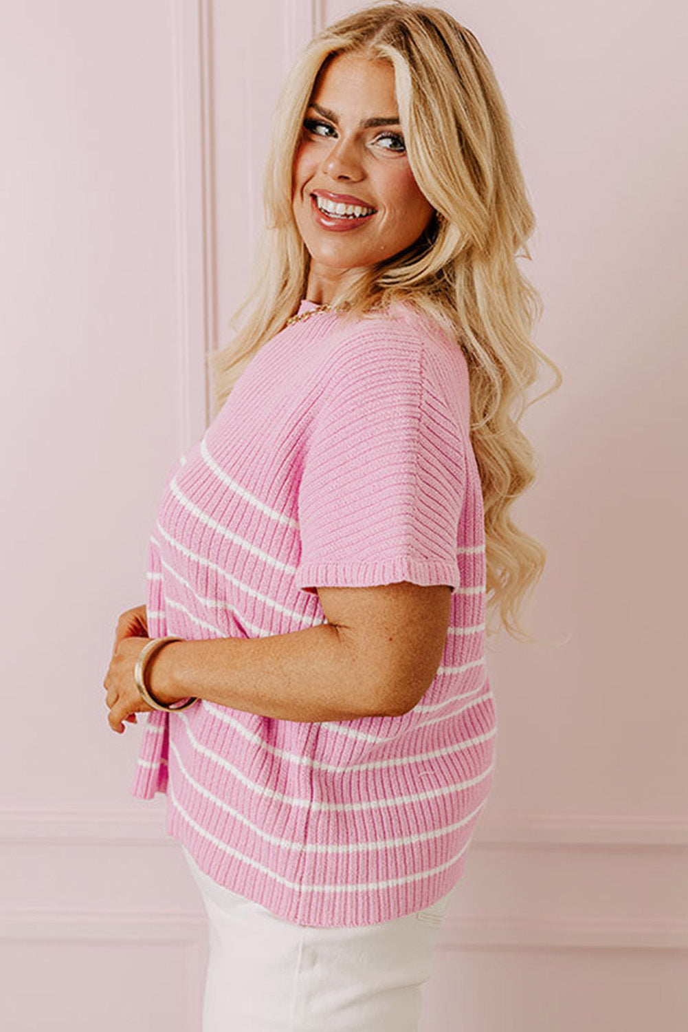 Pink Stripe Ribbed Loose Plus T Shirt