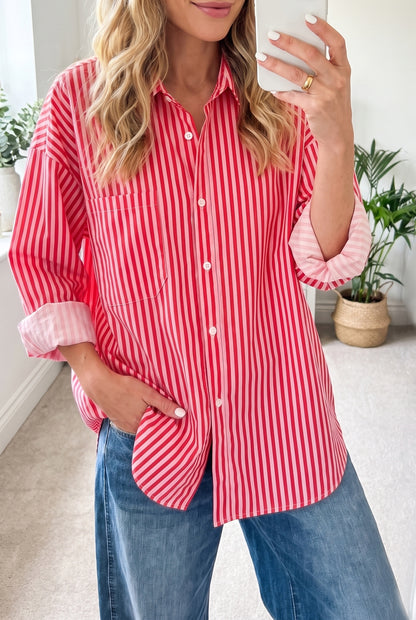 Red Stripe Tie Front Button Up Long Sleeve Casual Shirt