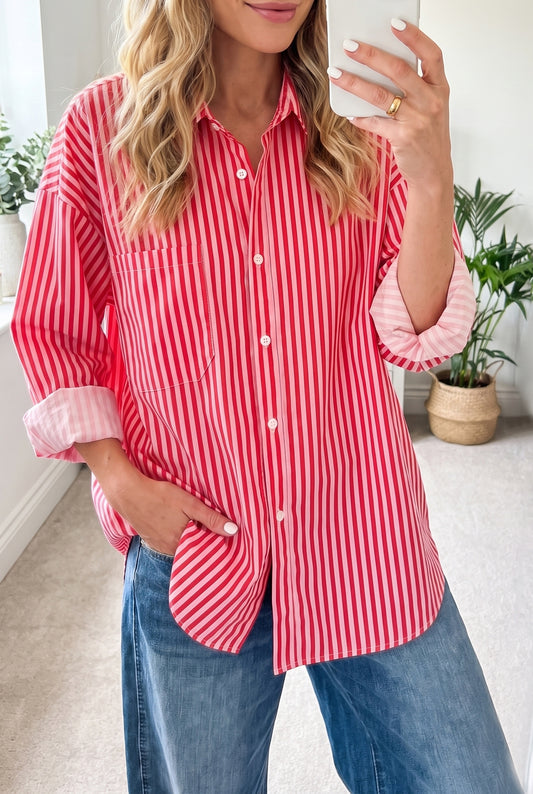 Red Stripe Tie Front Button Up Long Sleeve Casual Shirt