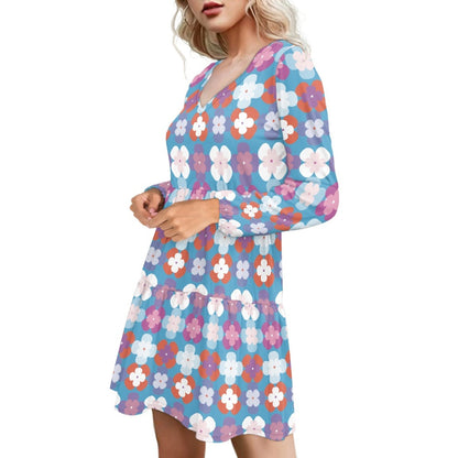 Floral Printed Long Sleeve Dress Blue Bottom Casual Dresses