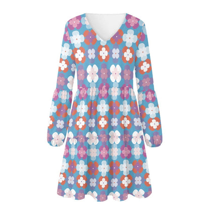 Floral Printed Long Sleeve Dress Blue Bottom Casual Dresses