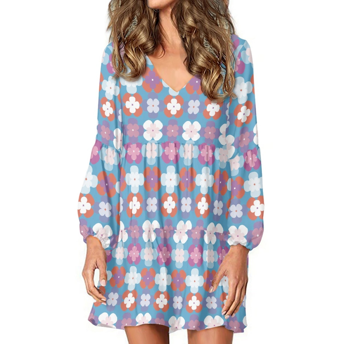 Floral Printed Long Sleeve Dress Blue Bottom Casual Dresses