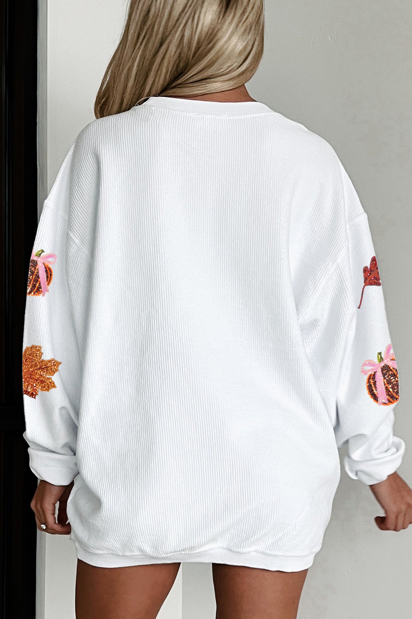Sequin Pumpkin Leaf Corded Ribbed Oversized Sweatshirt