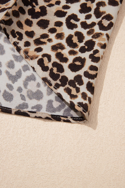 Leopard Print V Neck Contrast Trim Puff Sleeve Blouse
