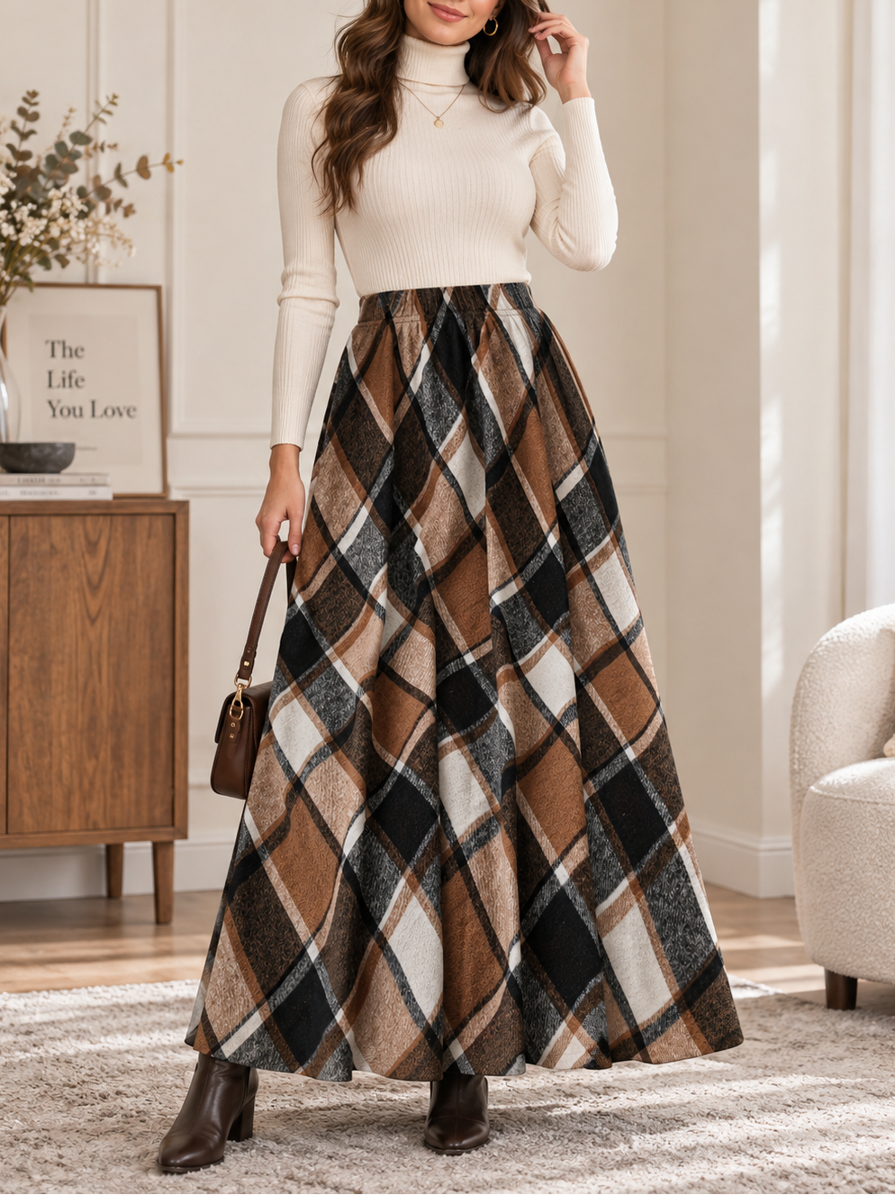 Vintage Plaid High Waist A-Line Midi Skirt Elastic Waist