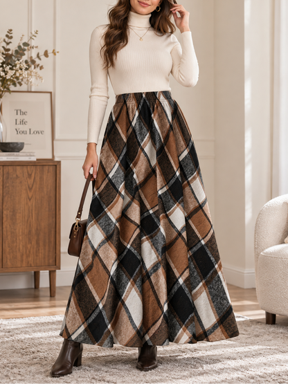 Vintage Plaid High Waist A-Line Midi Skirt Elastic Waist