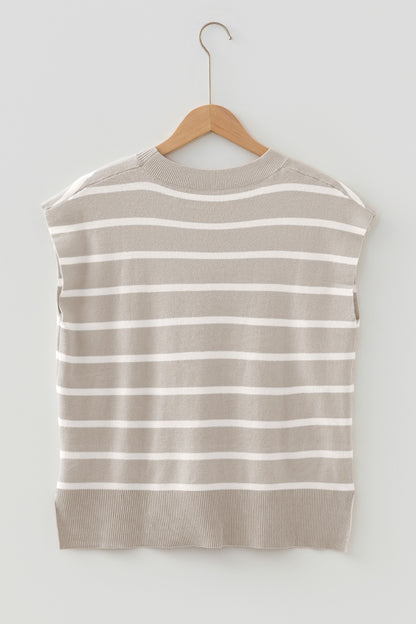 Parchment Striped Short Sleeve Crewneck Knit Sweater Top