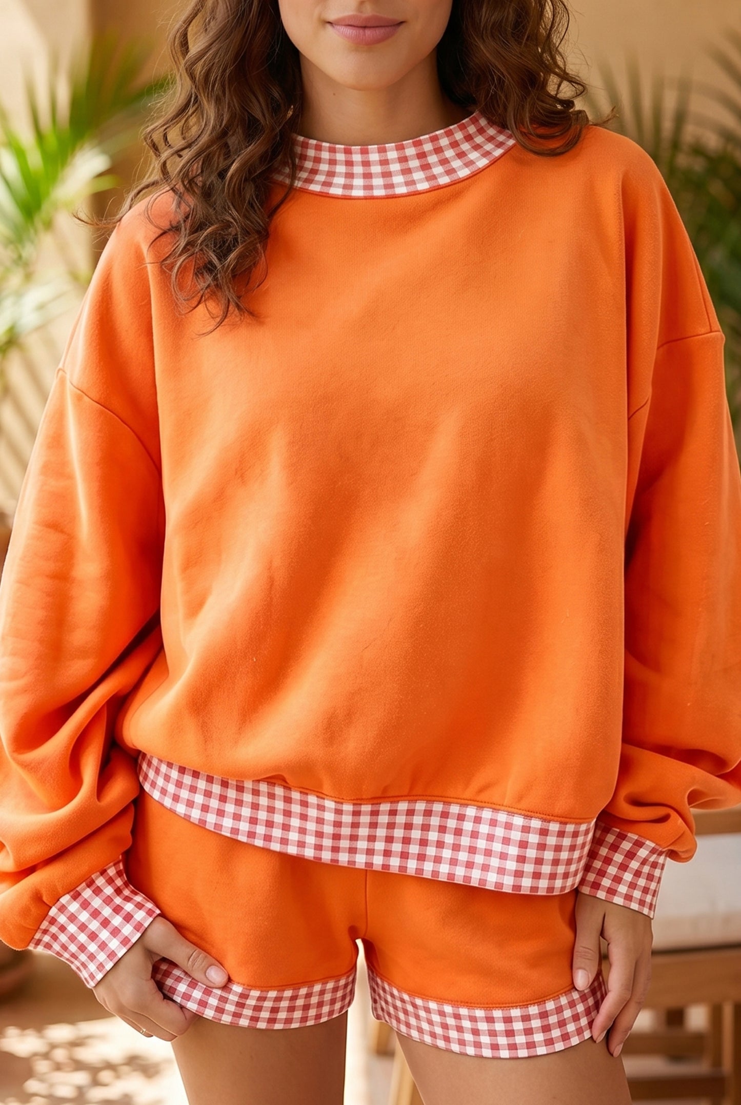 Red Gingham Trim Sweatshirt Shorts Two Piece Set