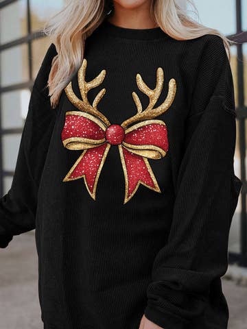 Christmas Antler Bow Graphic Corded Pullover Sweatshirt