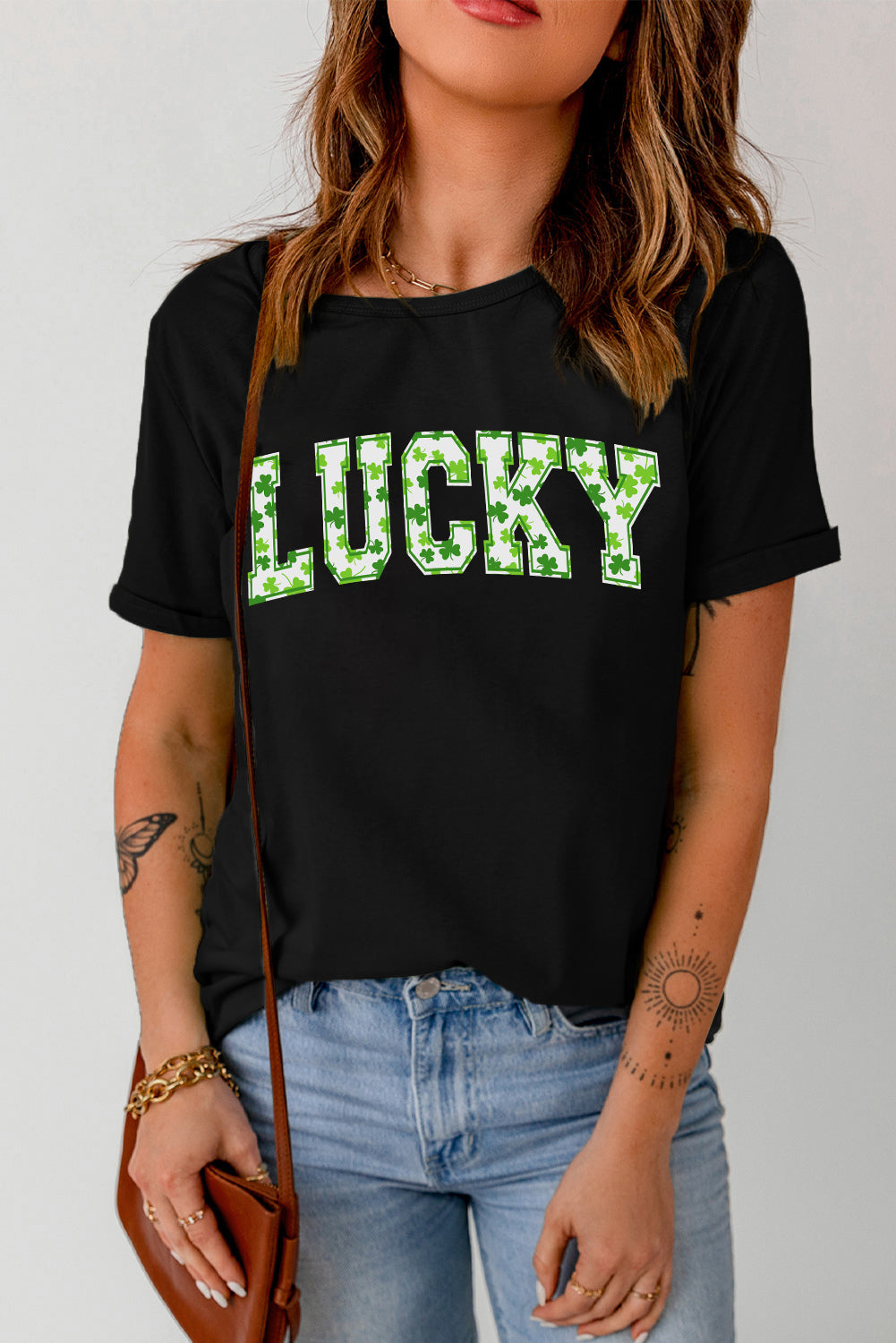 Black LUCKY Shamrock Print Graphic St Patrick’s Day Tee