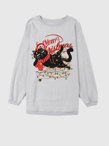 Christmas Cat Graphic Light String Corded Pullover Sweatshirt