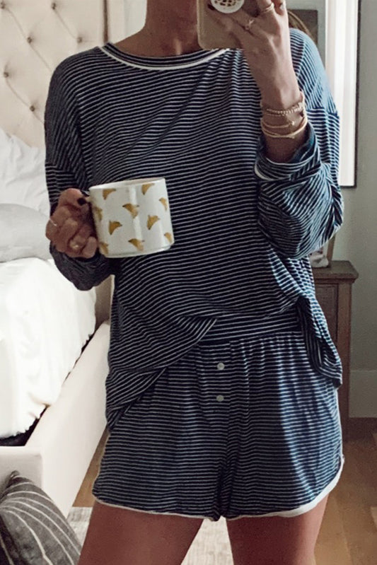 Blue Striped Long Sleeve Top and Buttoned Shorts Lounge Set