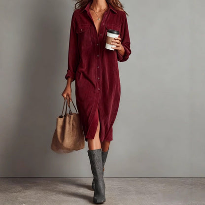 Corduroy Shirt Dress Long Sleeve Collared Midi Pockets