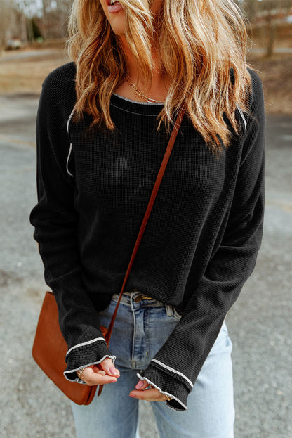 Womens Waffle Knit Long Sleeve Top Casual Crew Neck Tee