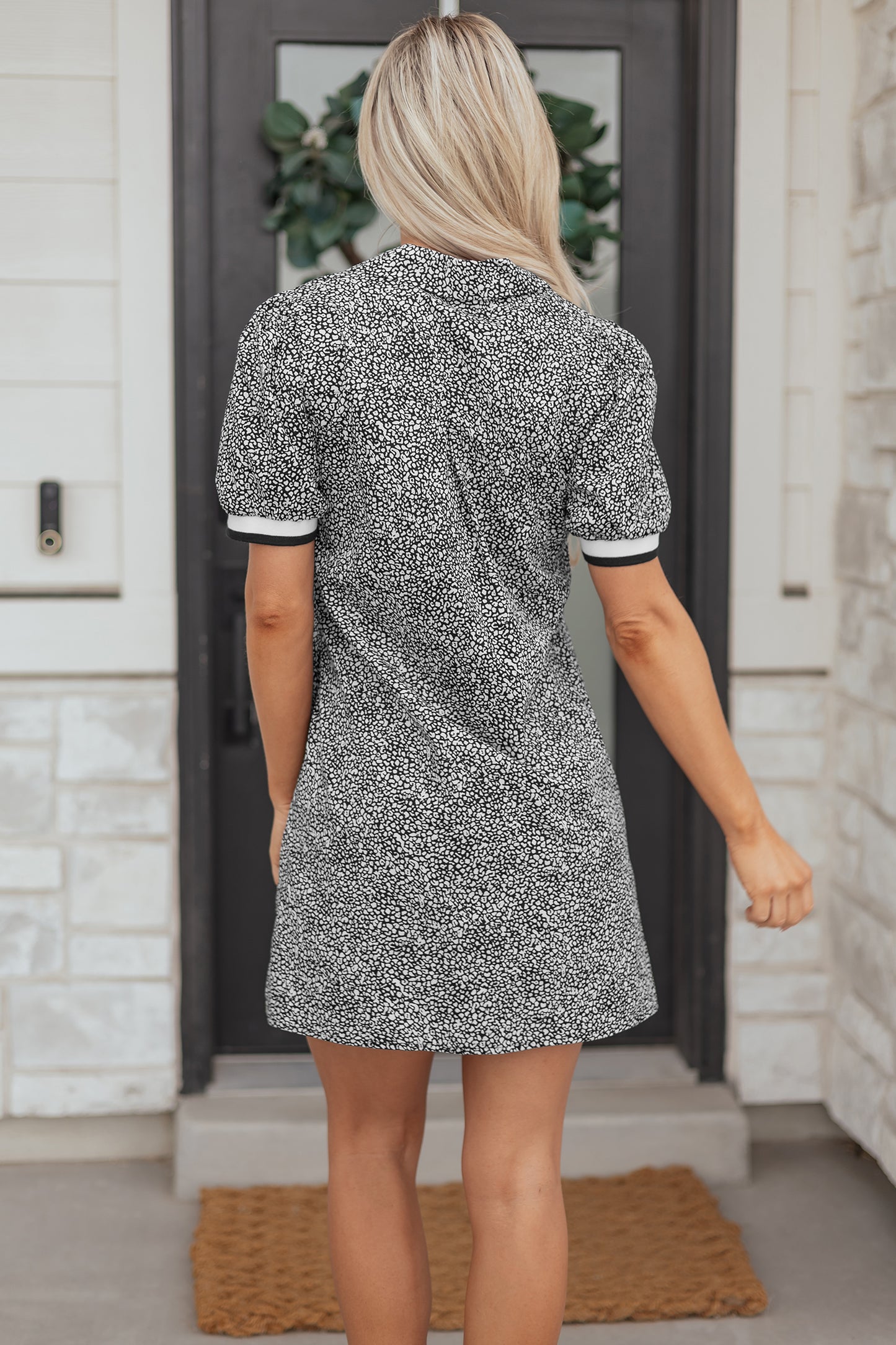 Ditsy Print Mini Dress Women Zip Neck Short Sleeve