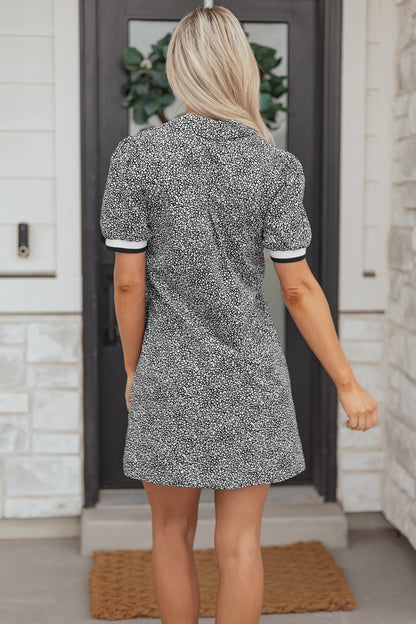 Ditsy Print Mini Dress Women Zip Neck Short Sleeve