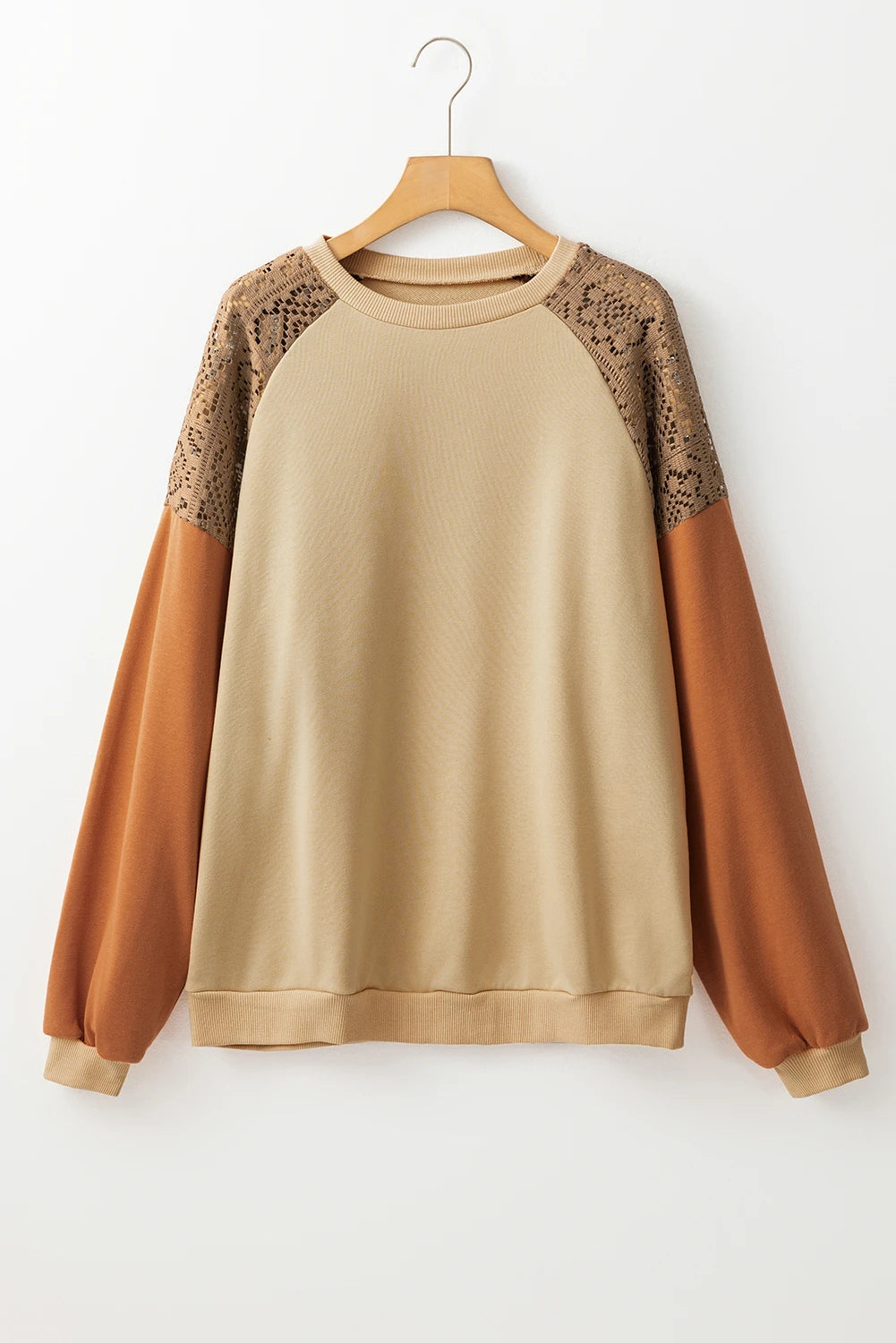 Customizable Khaki Lace Patchwork Colorblock Drop Shoulder Sweatshirt