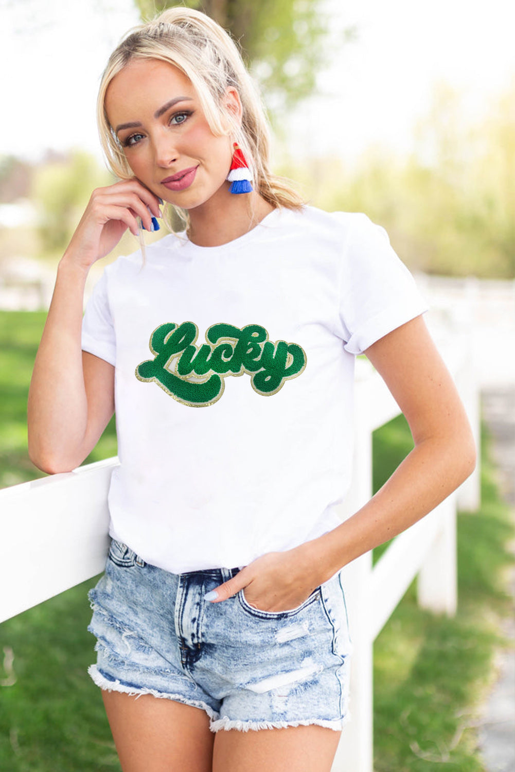 White Lucky Chenille Patch Graphic Tee for St Patrick