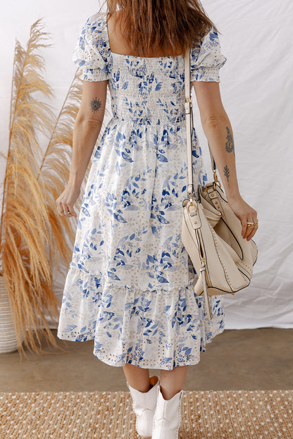 Sky Blue Floral Smocked Bodice Puff Sleeve Midi Dress