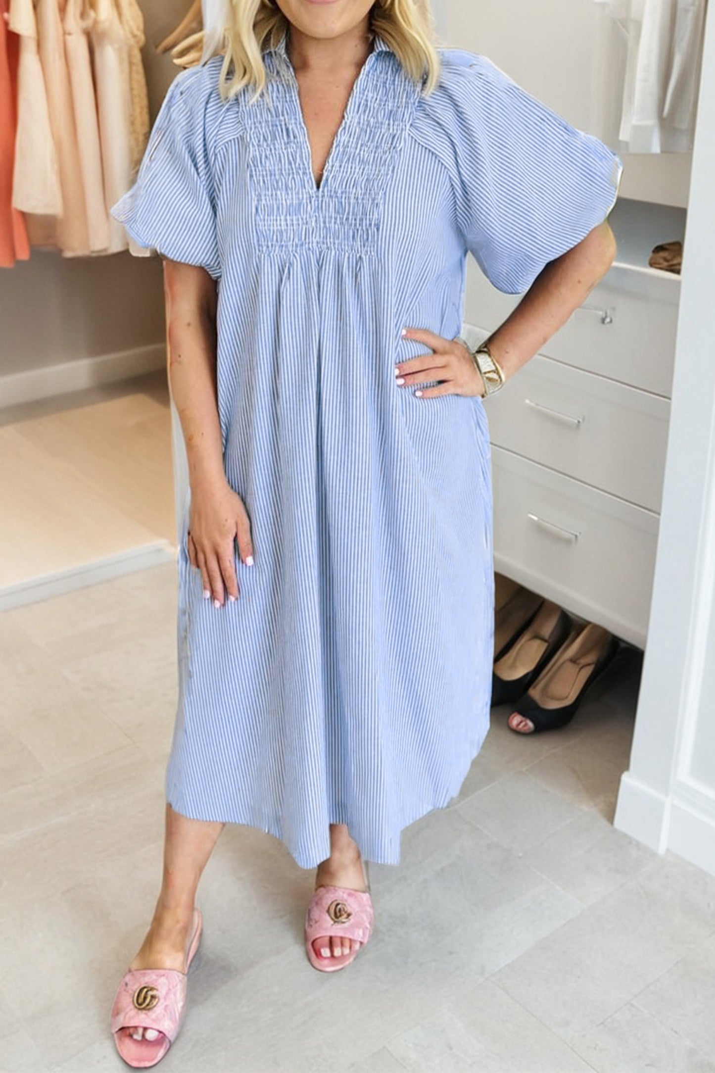 Plus Size Smocked V Neck Midi Dress Stripe Puff Sleeve